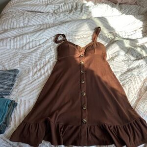 No Boundaries Brown Button-Front Ruffle Mini Dress